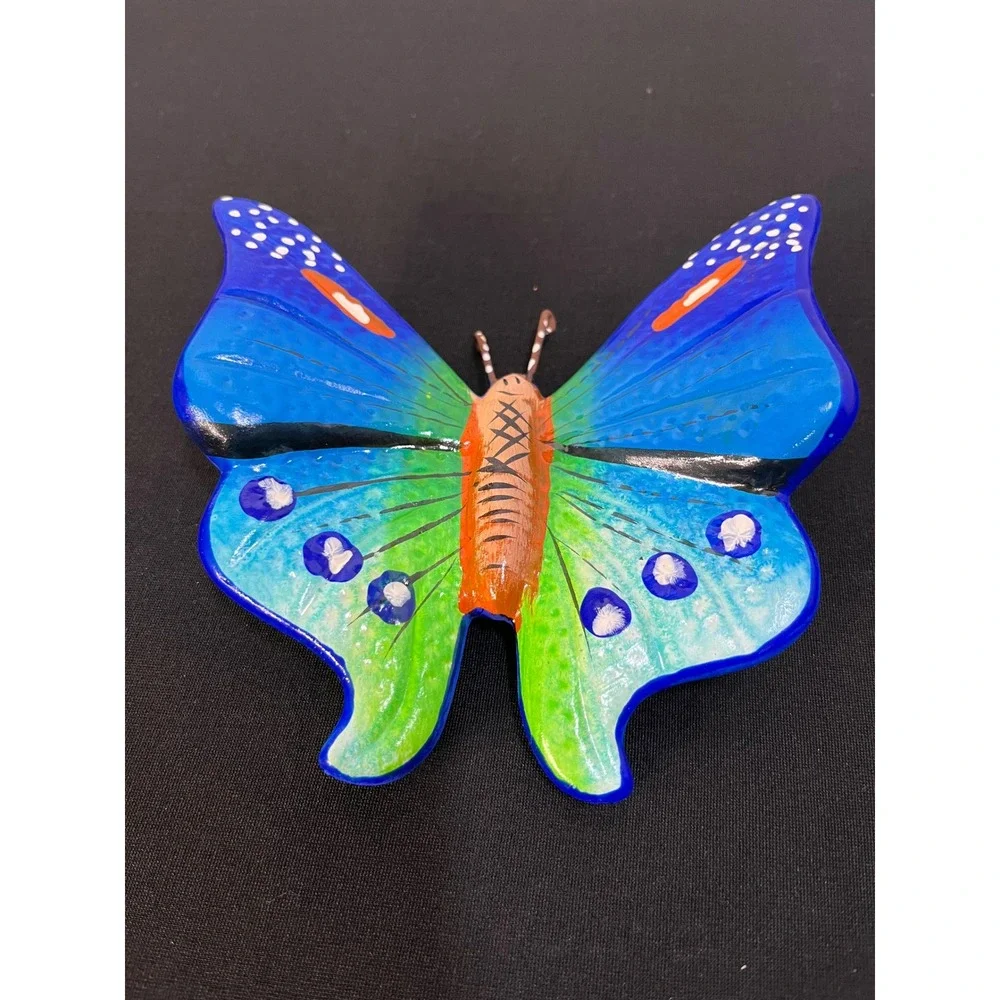 Hand Painted Ceramic Butterfly Wall Hanging Blue Green Folk Art Decor 5.5 Inch